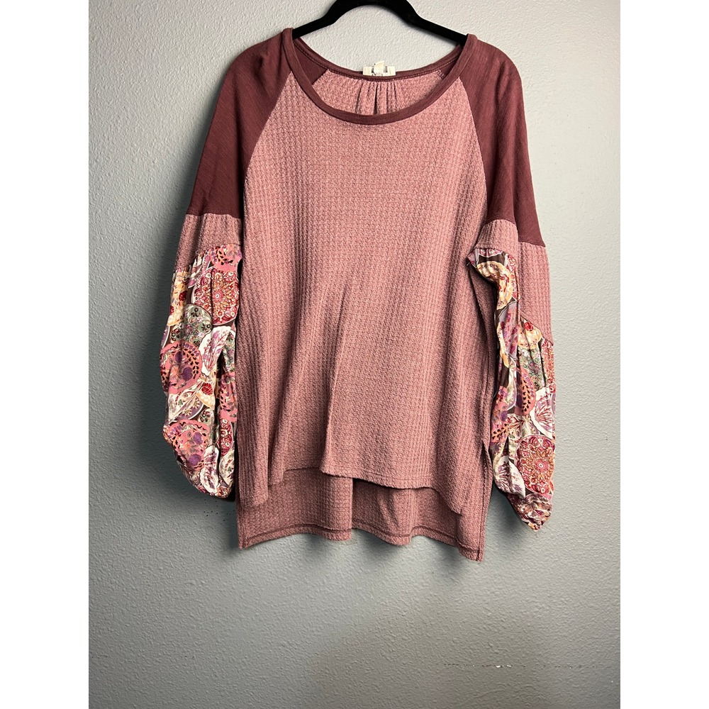 Umgee Sm Boutique Waffle Knit Mixed Media Paisley Balloon Sleeve Top Dusty Rose